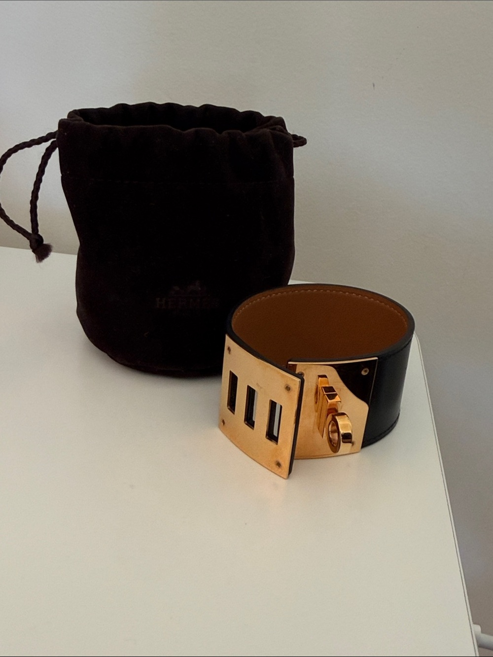 Hermes Black Leather Cuff with Rose Gold Lock Plate